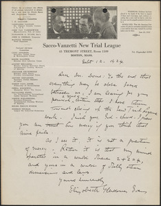 Elizabeth Glendower Evans (Sacco-Vanzetti New Trial League) autograph letter signed to [Fred H.] Moore, Boston, Mass., September 12, 1924