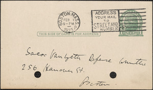 E[lizabeth] G[lendower] Evans autograph note signed (postcard) to Sacco-Vanzetti Defense Committee, Boston, Mass., February 1, 1923
