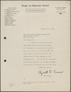 Elizabeth G[lendower] Evans (League for Democratic Control) typed letter signed to Sacco-Vanzetti Defense Committee, Boston, Mass., January 14, 1924