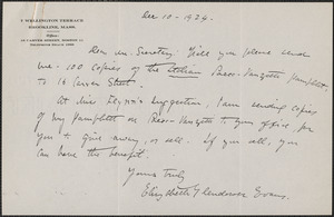 Elizabeth Glendower Evans autograph note signed to [Sacco-Vanzetti Defense Committee], Brookline, Mass., December 10, 1924