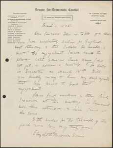 Elizabeth Glendower Evans (League for Democratic Control) autograph letter signed to [Sacco-Vanzetti Defense Committee], Boston, Mass., March 1, 1925