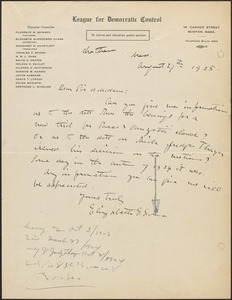 Elizabeth G[lendower] Evans (League for Democratic Control) autograph note signed to [Sacco-Vanzetti Defense Committee], Boston, Mass., August 27, 1925