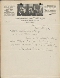 Elizabeth Glendower Evans autograph note signed to Sacco-Vanzetti New Trial League, Chatham, Mass., June 18, 1924