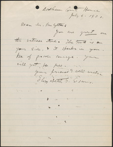 Elizabeth G[lendower] Evans autograph note signed to [Bartolomeo] Vanzetti, Dedham, Mass., July 6, 1921