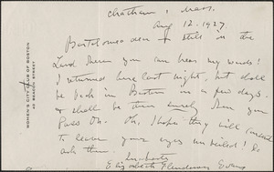 Elizabeth Glendower Evans autograph note signed to Bartolomeo [Vanzetti], Chatham, Mass., August 12, 1927