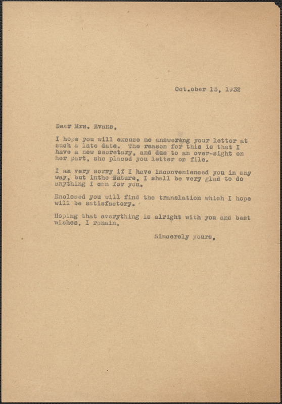 [Aldino Felicani] typed letter (copy) to [Elizabeth Glendower] Evans, [Boston, Mass.], October 15, 1932