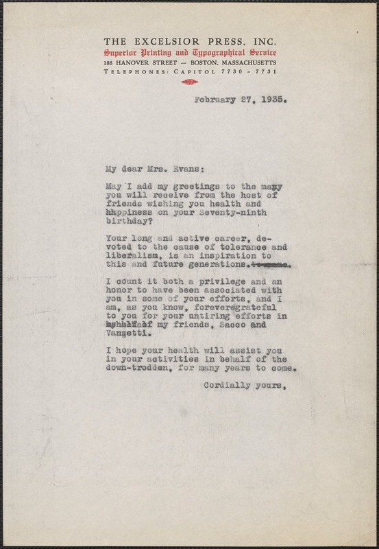 [Aldino Felicani] typed letter signed to [Elizabeth Glendower] Evans, Boston, Mass., February 27, 1935