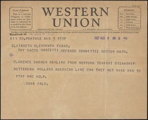Zona Gale telegram to Elizabeth Glendower Evans, Portage, Wis., August 6, 1927