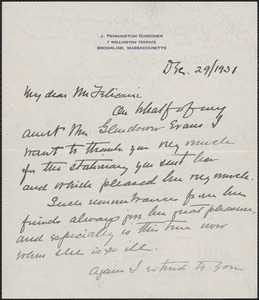 John Pennington Gardiner autograph letter signed to [Aldino] Felicani, Brookline, Mass., December 29, 1931