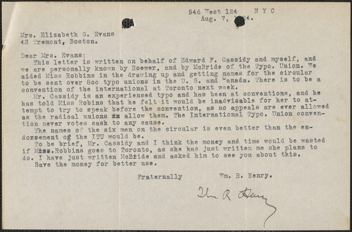 W[illiam] R. Henry typed letter signed to Elizabeth G[lendower] Evans, New York, N. Y., August 7, 1924