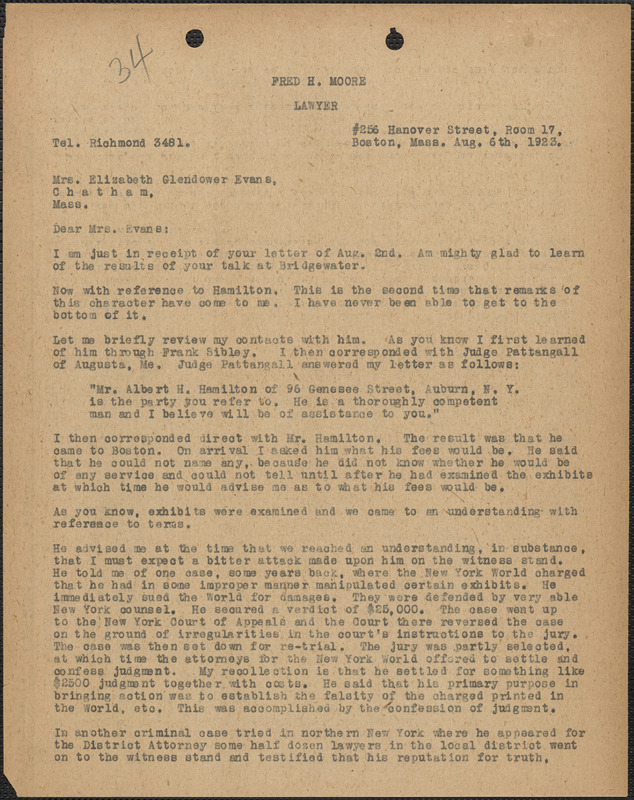 Fred H. Moore typed letter (copy) to Elizabeth Glendower Evans, Boston ...