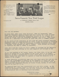 Sacco-Vanzetti New Trial League typed letter (circular), Boston, Mass., [May 1924?]