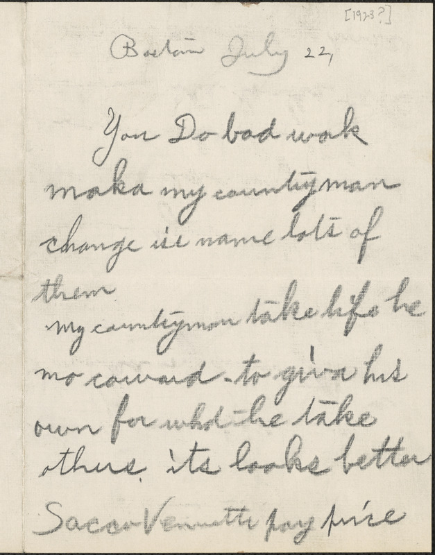 Autograph letter to [Elizabeth Glendower Evans], Boston, Mass., July 22, [1920-1927]