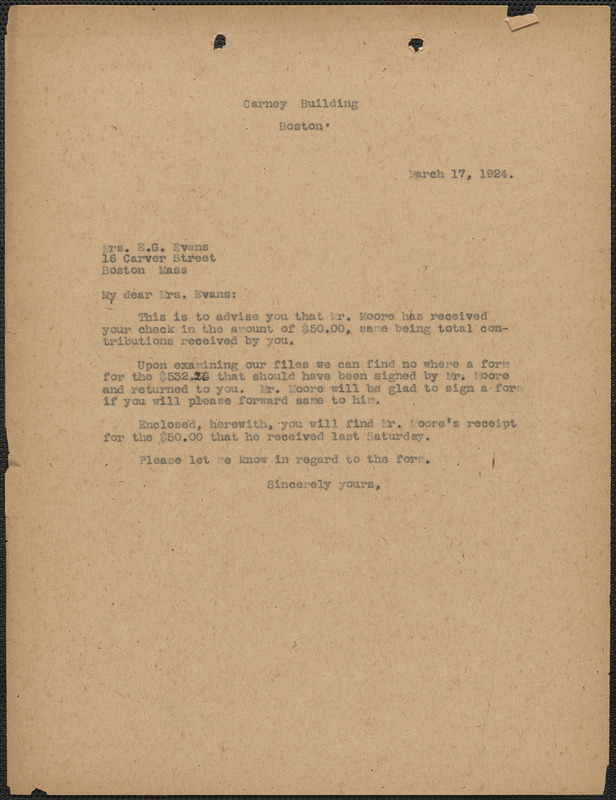 Typed letter (copy) to E[lizabeth] G[lendower] Evans, [Boston, Mass.], March 17, 1924