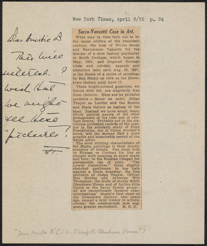 Autograph note to "Dear Auntie B" [Elizabeth Glendower Evans, April 6, 1932]