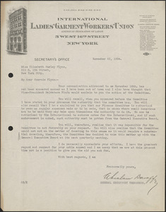 Abraham Baroff (International Ladies' Garment Workers' Union) typed letter signed to Elizabeth Gurley Flynn, New York, N. Y., November 22, 1924