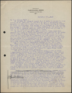 Theodore Debs typed letter (incomplete) to [Elizabeth Gurley] Flynn, Terre Haute, Ind., November 4, 1924