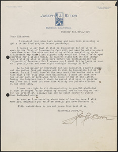 Joseph J. Ettor typed letter signed to Elizabeth [Gurley Flynn], Burbank, Calif., November 25, 1924