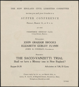 The New England Civil Liberties Committee printed invitation (circular), [Brookline, Mass.], March [1921]