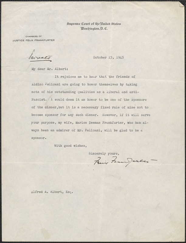 Felix Frankfurter typed letter signed to Alfred Albert, Washington, D ...