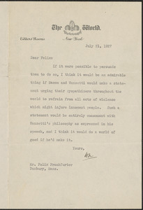 [Walter? Maxwell] (The New York World) typed note signed to Felix Frankfurter, New York, N. Y., July 21, 1927