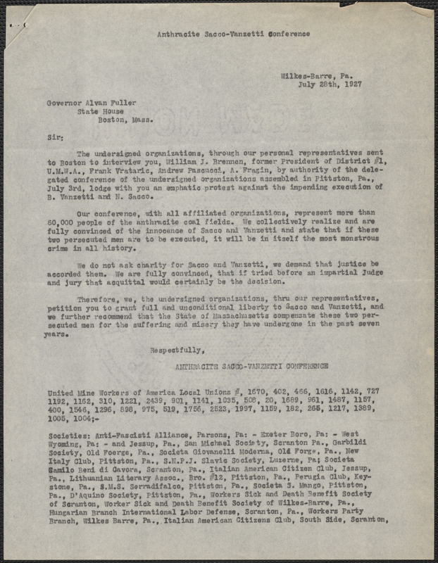 William J. Brennan et al (Anthracite Sacco-Vanzetti Conference) typed letter signed to Alvan T. Fuller, Wilkes-Barre, Pa., July 28, 1927