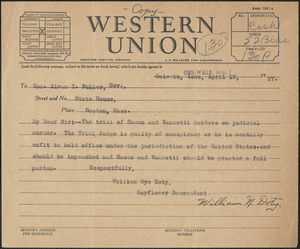 William N. Doty telegram (copy) to Alvan T. Fuller, Oelwein, Iowa, April 19, 1927