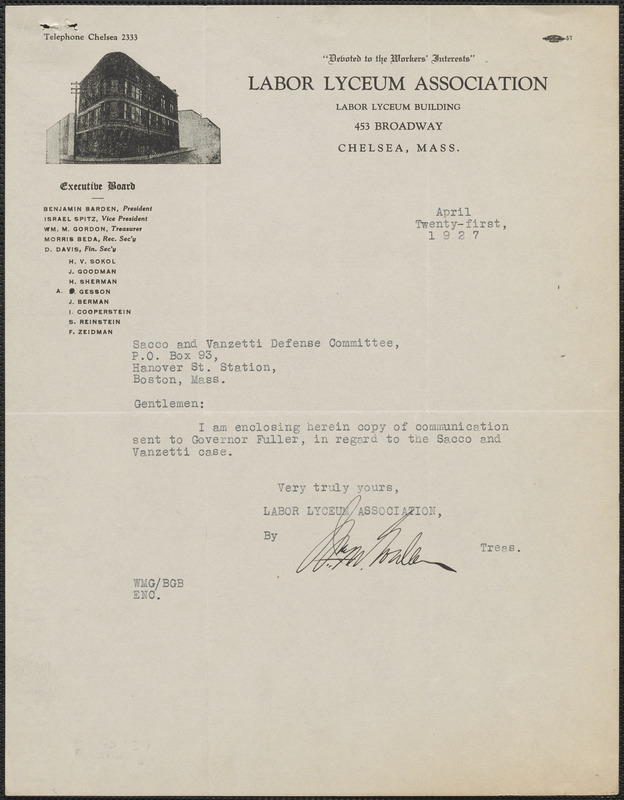 William M. Gordon typed note signed to Sacco-Vanzetti Defense Committee, Chelsea, Mass., April 21, 1927