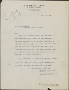 Theodore M. Hatfield et al (Harvard Student Liberal Club) typed letter (copy) to Alvan T. Fuller, Cambridge, Mass., April 14, 1927