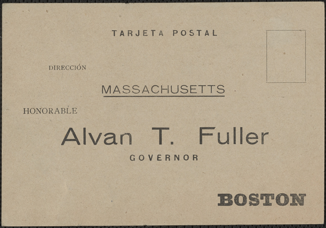 Hernandez printed postcard signed, in Spanish, to Alvan T. Fuller, [Seville, Spain?], July 5, 1927