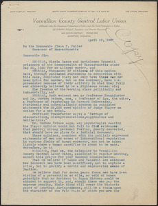 J[ohn] R. Huntley (Vermillion County Central Labor Union) typed letter signed (copy) to Alvan T. Fuller, Glinton, Ind., April 23, 1927