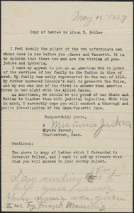 Anna Jackson typed letter signed (copy) to Alvan T. Fuller, Charlestown, Mass., May 15, 1927