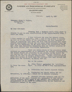 Theo[dore] H. Lunde (American Industrial Company) typed letter (copy) to Alvan T. Fuller, Chicago, Ill., April 9, 1927