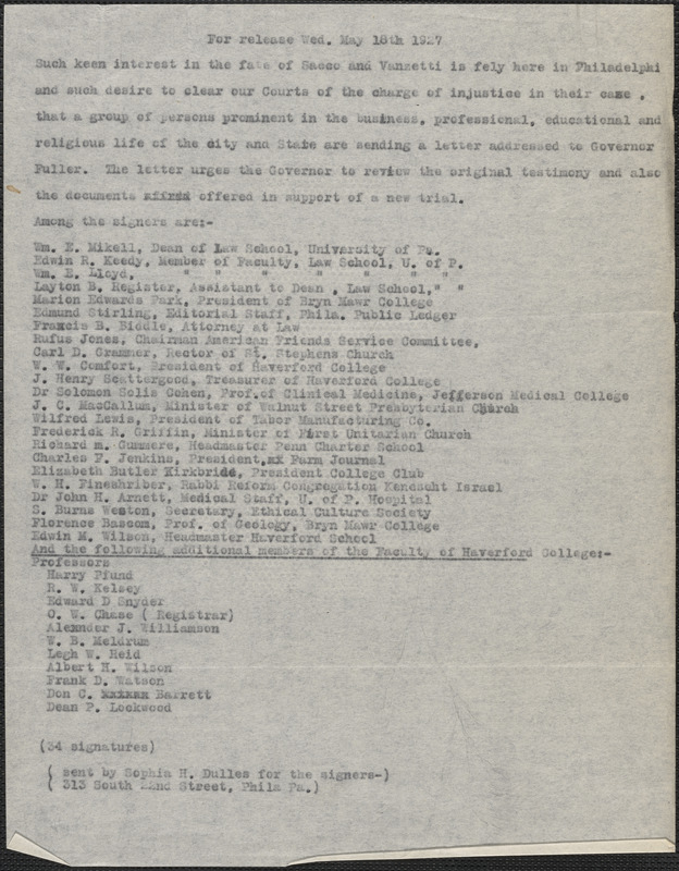 William E. Mickell et al typed letter (copy) to [Alvan T.] Fuller, Philadelphia, Pa., May 18, 1927