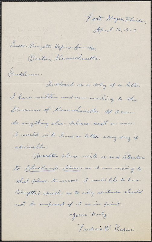 Frederic W. Raper autograph letter signed to Sacco-Vanzetti Defense ...