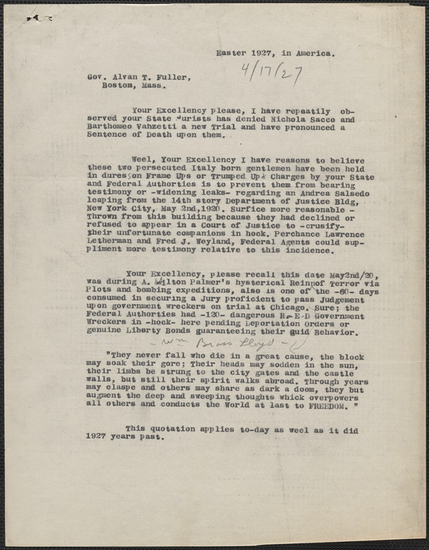 Typed letter (copy) to Alvan T. Fuller, April 17, 1927