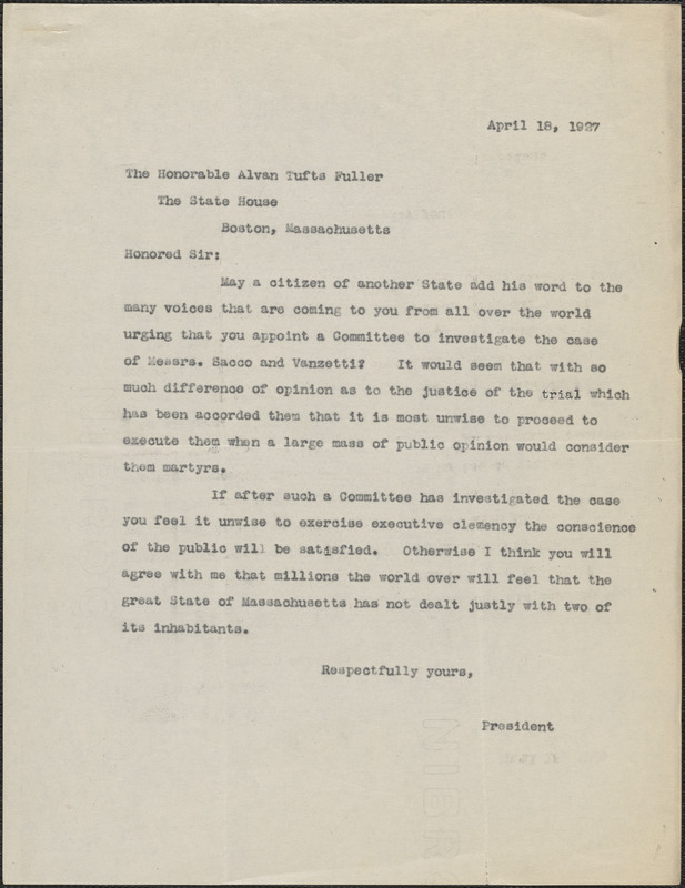 Typed letter (copy) to Alvan [T.] Fuller, April 18, 1927