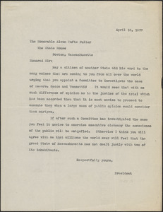 Typed letter (copy) to Alvan [T.] Fuller, April 18, 1927