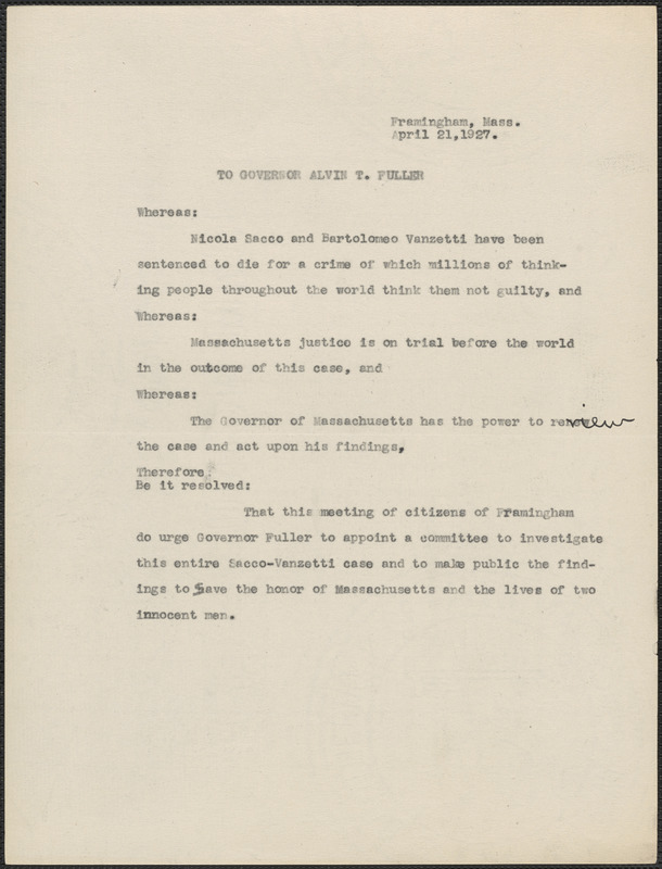 Typed resolution (copy) to Alvan T. Fuller, [Framingham, Mass.], April 21, 1927