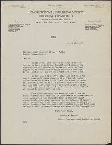 Sidney Weston (Congregational Publishing Society) typed letter (copy) to Alvan T. Fuller, Boston, Mass., April 22, 1927