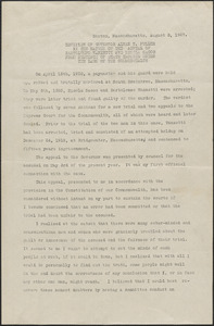 Alvan T. Fuller typed document (copy), Boston, Mass., August 3, 1927: Decision of Governor Alvan T. Fuller in the matter of the appeal of Bartolomeo Vanzetti and Nicola Sacco from sentence of death imposed under the laws of the Commonwealth.