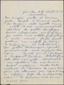 Augusto Gallina autograph letter signed, in Italian, to [Sacco-Vanzetti Defense Committee] Johnston City, Ill., August 25, 1921