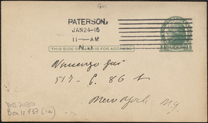 G. Gallo (Liberia Sociologica) autograph note signed (postcard), in Italian, to Vincenzo Gui, Paterson, N. Y., January 24, [1921?]