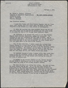 Violet Henderson typed letter (copy) Walter P. Reuther (Congress of Industrial Organizations), Indianapolis, Ind., February 1, 1954