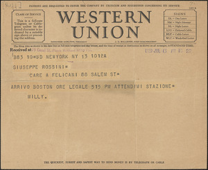 Milly [Huff] telegram to Giuseppe Rossini, New York, N. Y., July 13, 1929