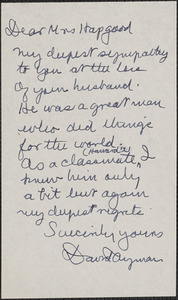 David Ayman typed note signed to Mary Donovan Hapgood, Chestnut Hill, Mass., February 14, 1949