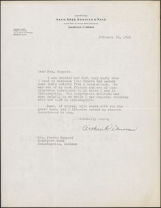 Arthur R. Donovan typed letter signed to [Mary Donovan] Hapgood, Evansville, Ind., February 16, 1949