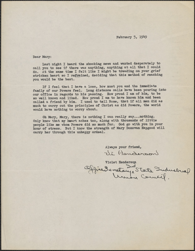 Vi[olet] Henderson (Indiana State Industrial Union Council) typed letter signed to Mary [Donovan Hapgood], February 5, 1949