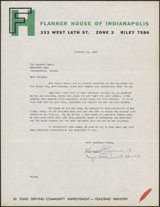 Fred Reeve (Flanner House of Indianapolis, Ind.) typed letter signed to the Hapgood Family, [Indianapolis, Ind.], February 23, 1949