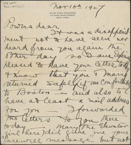 Alice P. Converse autograph letter signed to Powers Hapgood, New York, N. Y., November 10, 1927